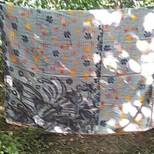 Kantha Quilt Gray/Orange Fall Leaves 56" x 84" Cotton Handmade In India K11.
